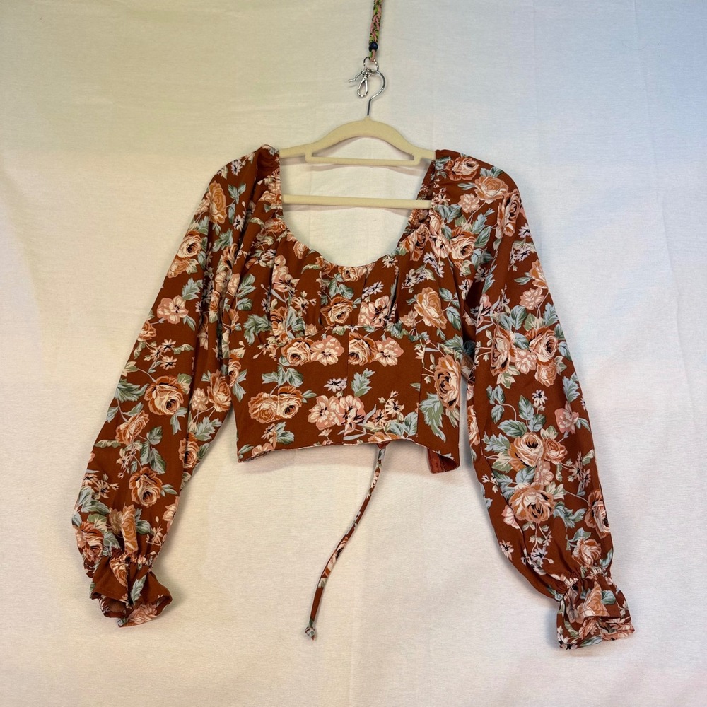 Altar'd State Rust Floral Lace Up Back Crop Top Long Sleeve Blouse Small - Picture 7 of 7